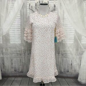 CeCe Size 2 Ivory Spring Floral Dress Ruffle Sleeve Hem Swiss Dot Chiffon Party